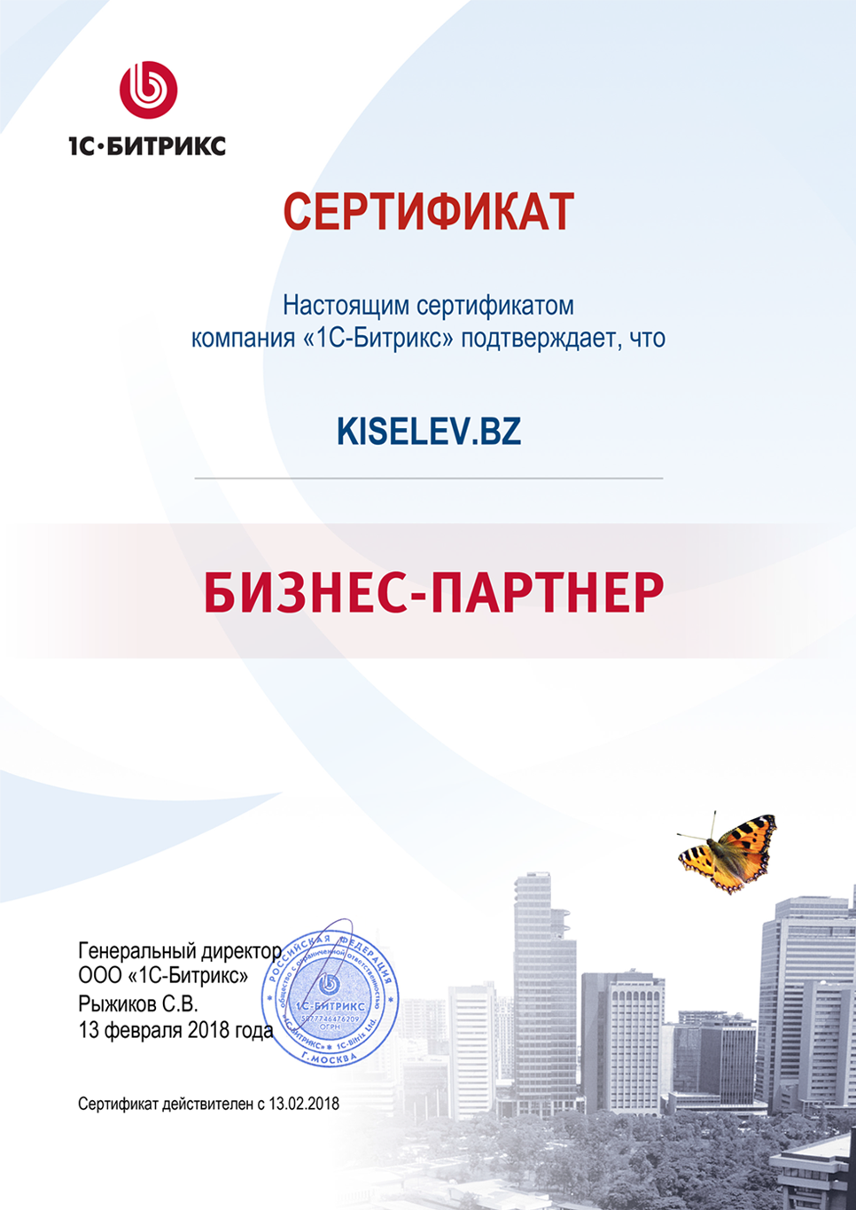 Сертификат партнёра по СРМ системам в Тогучине